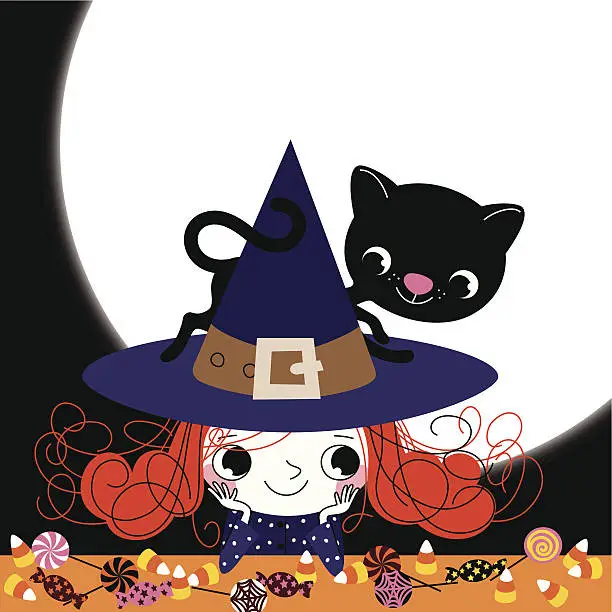 Vector illustration of Witch and Kitten in Halloweeh Night.