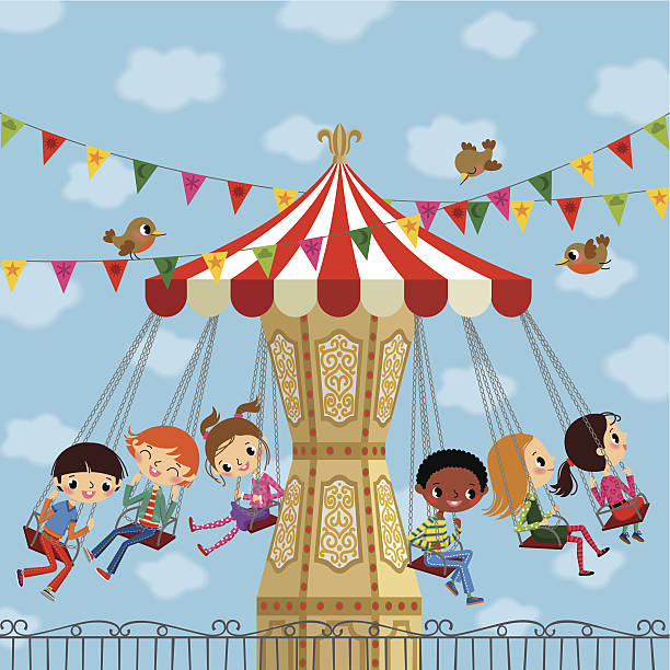 дети на карусель. - carnival amusement park swing traditional festival stock illustrations