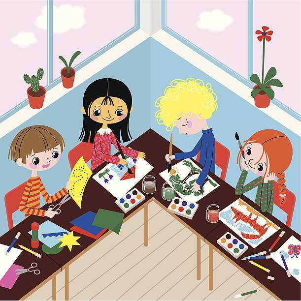 ilustrações de stock, clip art, desenhos animados e ícones de crianças de escola de artes. - preschooler plant preschool classroom