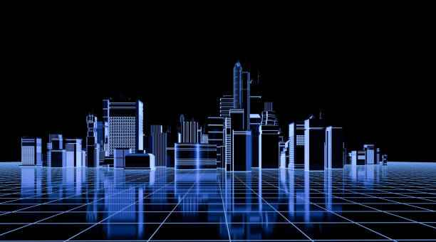 futuristic blue smart city background - 12026 imagens e fotografias de stock