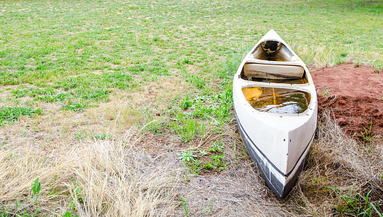 Abandoned old canoe boat on the green grass, narrow water vessel, typically pointed at both ends and open on top.