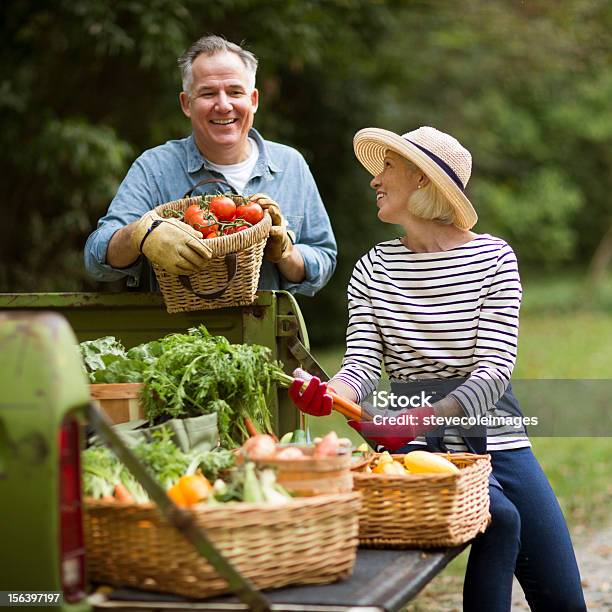 Coppia Matura Con Cesti Di Raccolta Di Verdure - Fotografie stock e altre immagini di Adulto in età matura - Adulto in età matura, Felicità, Giardinaggio