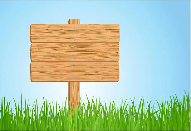 Vector illustration of Wooden sign on green grass