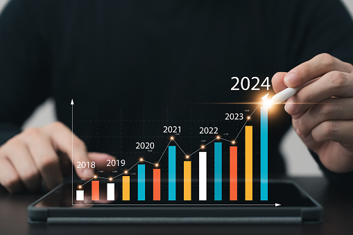 business growth and progress in 2024, Capture the essence of success and long-term investment with a mesmerizing financial chart, Elevate your portfolio.