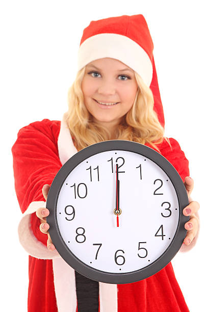 istock girl with santa hat holding clock 156398962