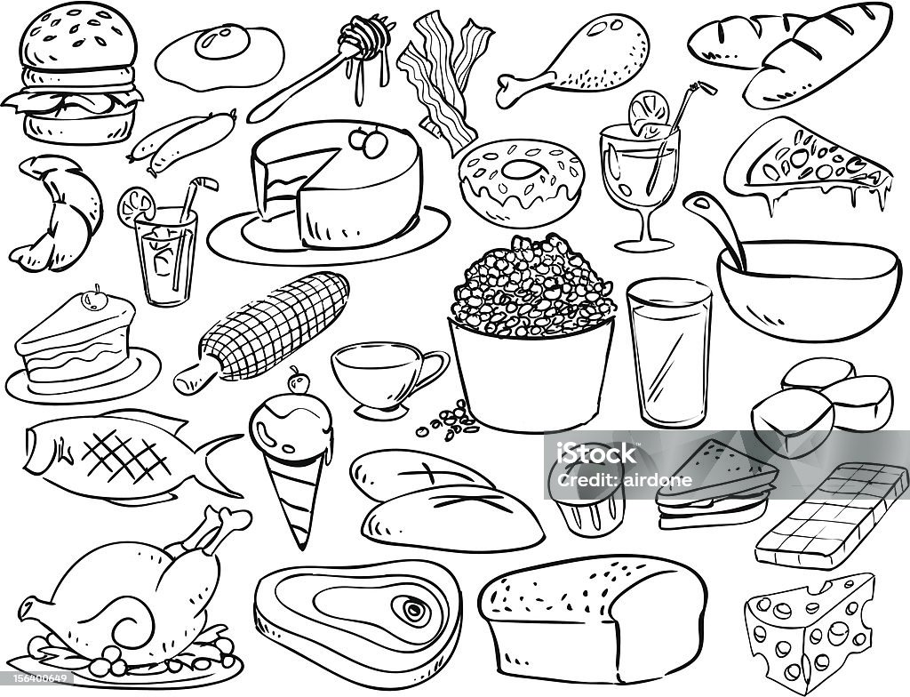 Los alimentos y bebidas estilo doodle - arte vectorial de Bocadillo libre de derechos