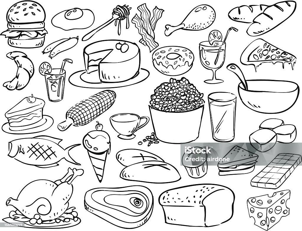 Aliments et boissons style doodle - clipart vectoriel de Petit pain libre de droits