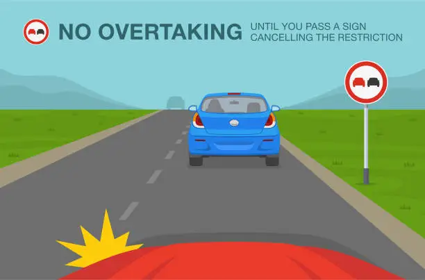 Vector illustration of Safe driving tips and traffic regulation rules. No overtaking or do not pass road sign meaning.