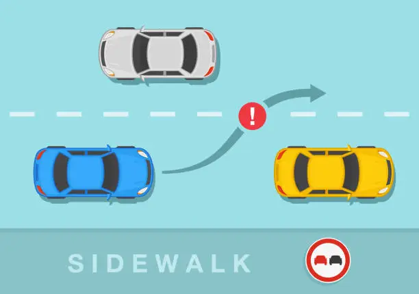 Vector illustration of Safe driving tips and traffic regulation rules. Blue sedan car is about to change the position on two lane road. No overtaking or do not pass road sign rule.