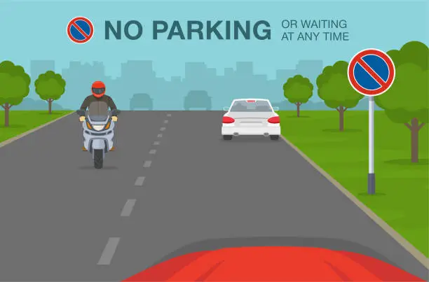 Vector illustration of Safe driving tips and traffic regulation rules. No parking or waiting any time warning sign meaning. View of a city street.