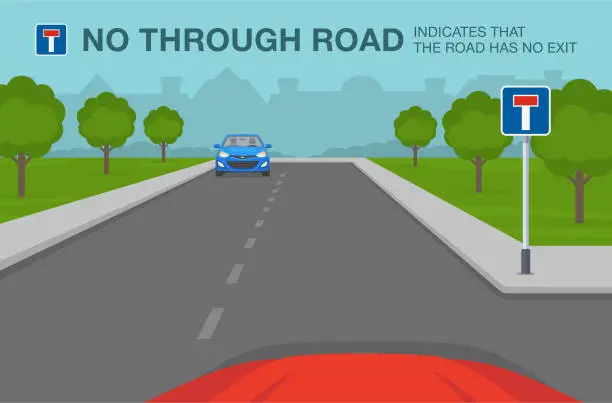 Vector illustration of Driving tips and traffic regulation rules. The meaning of dead end road or traffic sign. No through road indicates that the road has no exit. View from inside of car.