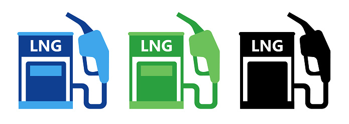 LNG Liquefied Natural Gas pump refueling station icon set collection in blue green black color vector