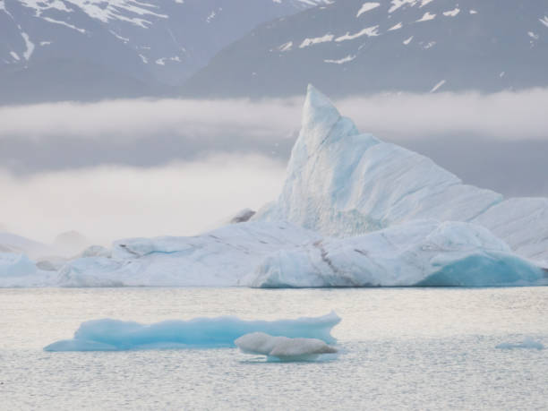 Grande iceberg com pedaços de gelo no Lago Alsek com montanhas enevoadas - foto de acervo