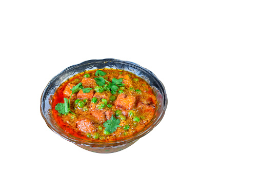 Veg Curry Masala Sabji Soya Chunks Nutri Nugget Made Of Soy Cooked Fresh In Black Pan. The Sabzi Is Rich Source Of Protein And Has Multiple Health Benefits. Wooden Background With Space For Text