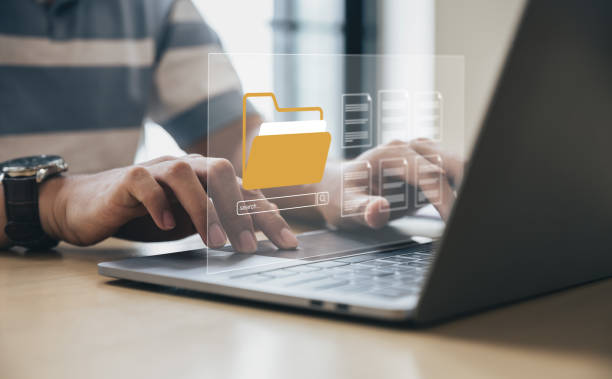 businessman open file folder with blank documents. - cloud computing cloud computer computer keyboard imagens e fotografias de stock