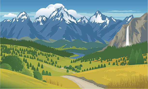Mountain Panorama with Waterfall Snow capped mountains with a background of blue sky and clouds.Foreground is waterfall, pine trees, pathway and grassy hills. Art on easily edited, grouped layers snowcapped mountain stock illustrations