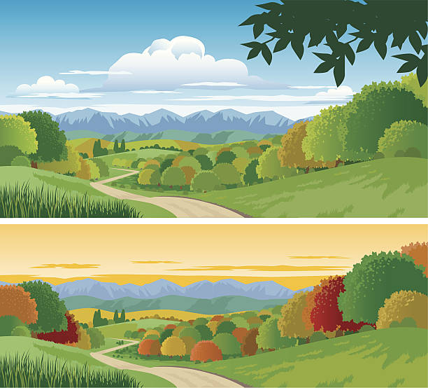 Countryside Countryside scene with Road, Fields with Autumn Trees and a Background of Mountains at Sunset. 2 versions with interchangeable and scalable elements on separate and grouped layers. rolling landscape stock illustrations