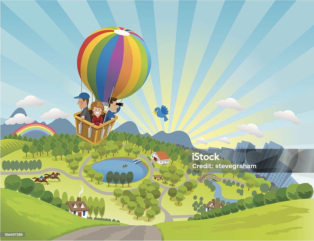 Hot Air Balloon Hot air balloon with people aboard, floating over the countryside with hills,trees a lake, horseriders and city skyline in the background. Rays of sunlight fill the blue sky. Art on easily scaled and edited layers in groups. Download also includes a large high-res jpeg. Hot Air Balloon stock vector