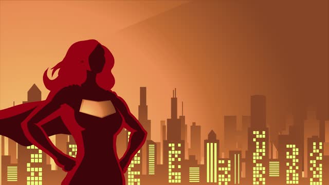 Looping Close-up Solo Female Superhero in a City Silhouette Stock Animation Video