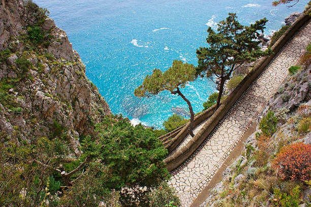 Capri view - Via Krupp Coast of Capri Island, view of sea and sea-cliff via krupp stock pictures, royalty-free photos & images