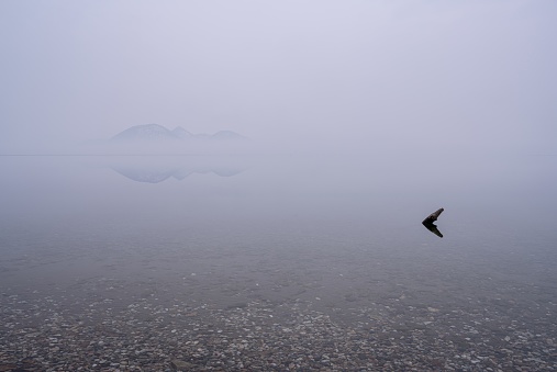 This is a winter morning fog scenery from the shore of Lake Toya at Sobetsu town in Hokkaido, Japan..
Sobetsu town is located near Lake Toya, this area is well known as a tourist destination in this prefecture.
Many people come to see beautiful scenery like this on every season.