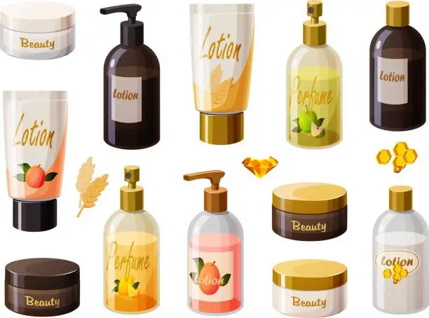 Vector illustration of Cute vector illustration of various girly woman beauty products in expensive glass bottle dispensers.