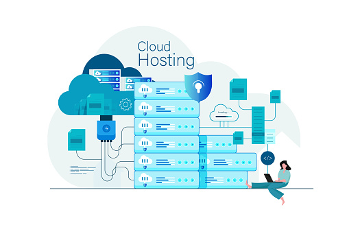 Flat vector business datacenter technology with cloud computing service concept and developer technician team working concept stock illustration