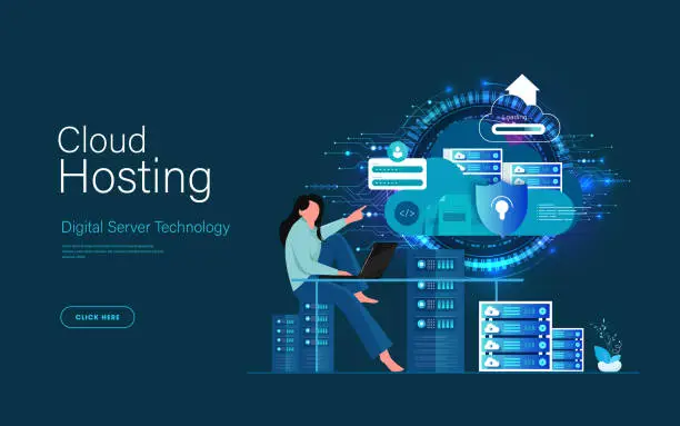 Vector illustration of Web hosting concept. Cloud computing online database technology security computer web data center server isometric landing vector page