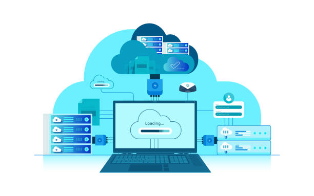 Cloud Technology Isometric Concept. distribution of information technology concept Data Processing Center and Cloud Storage. Isometric digital storage stock illustration network server stock illustrations