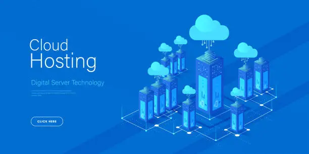 Vector illustration of Cloud data storage and cloud storage concept. Landing page template.