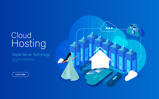 Cloud hosting personal digital data information storage service internet banner landing page isometric vector illustration. Modern technology network cyberspace database download online software