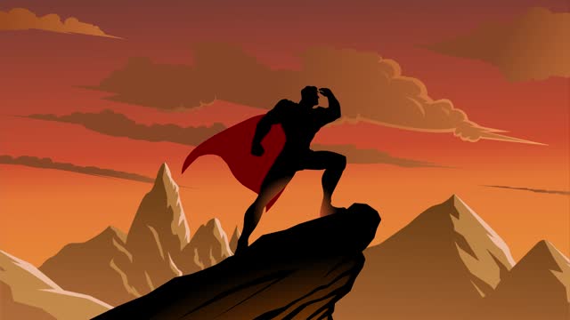 Looping Cartoon Superhero Silhouette Looking at Far Away with Mountain Range in the background Animation Stock Video