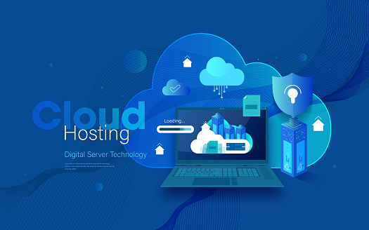Concept of server room. Hosting with cloud data storage and server room. Server rack. Modern Vector illustration in Isometric style stock illustration