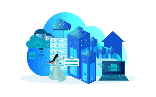 Vector illustration of Computer technology server room digital device Isometric concept Cloud storage communication with the network Online devices uploads download information data in a database on cloud services