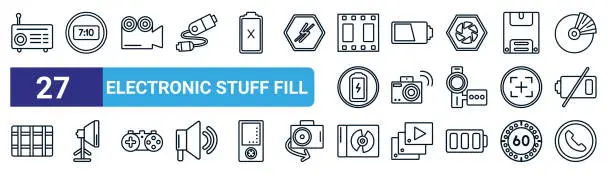 Vector illustration of set of 27 thin line electronic stuff fill icons such as radio, camera small screen size, film camera, half battery, shake camera, reflector, compact disc, phone receiver vector icons for mobile app,