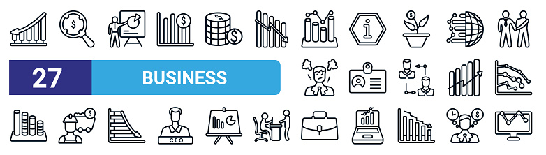 set of 27 thin line business icons such as decreasing stocks bars graphic, money searcher, person in data analytics presentation with a graphic on a screen, information, identity card, proof of