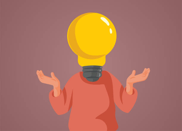 stockillustraties, clipart, cartoons e ícones com pessoa com cabeça de lâmpada pensando em uma nova ideia ilustração de conceito vetorial - cientista confuso