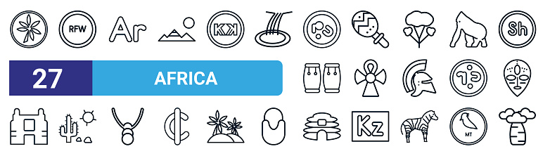 set of 27 thin line africa icons such as french west african franc, rwandan franc, malagasy ariary, maraca, ankh, desert, cradle of humankind, baobab vector icons for mobile app, web design.