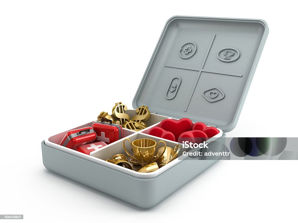 Pillbox Pillbox with gold dollar icons, first aid kits, gold cups and red hearts. Which one would you choose : Health, Success, Money or Love? Pillbox isolated with detailed clipping path. Abundance Stock Photo