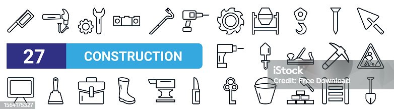 istock set of 27 thin line construction icons such as hand saw, hammer and nail, repair wrench, cement mixers, gardening palette, bolster, antique key, spade tool vector icons for mobile app, web design. 1564175327