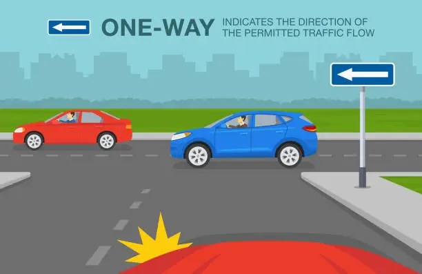 Vector illustration of Safe driving tips and traffic regulation rules. Car is reaching the intersection with one way direction. Sign indicates the direction of permitted traffic flow.