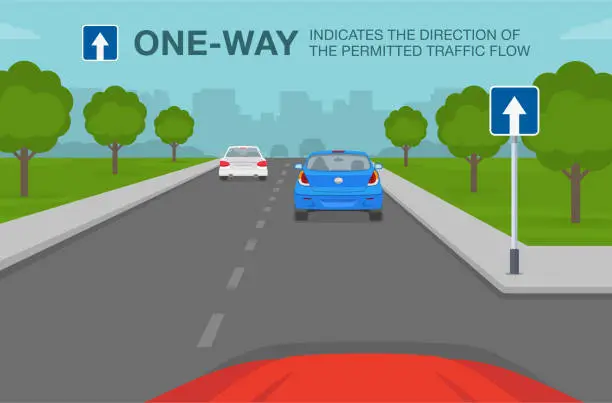 Vector illustration of Driving tips and traffic regulation rules. One-way road or traffic sign indicates the direction of the permitted traffic flow.