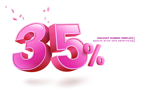 35 percent discount number template pink red 3d font. use for promotional advertisement in special sale Isolated on white background. illustrator vector file.