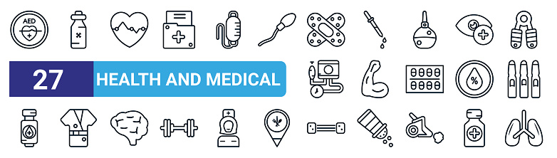 set of 27 thin line health and medical icons such as defibrillator, poisonous, cardiology, pipette, muscle, patient robe, chest expander, lung vector icons for mobile app, web design.