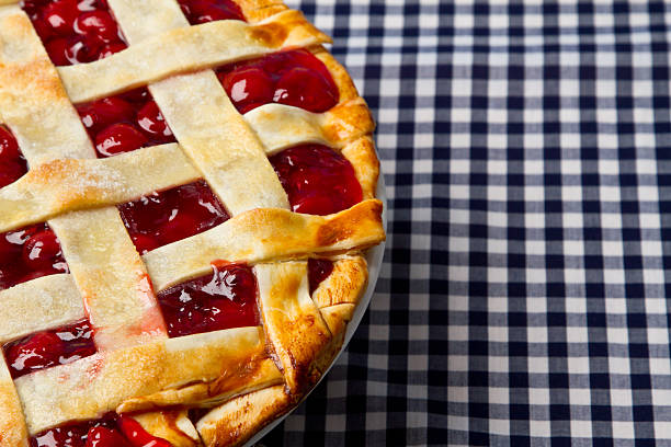 istock Homemade Cherry Pie on Blue Gingham Checked Tablecloth 156422226
