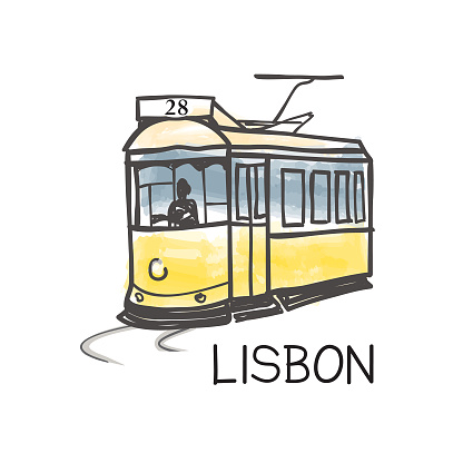 Lisbon city landmark famous vintage yellow tram #28, the oldest european public transport of the Old Town, Lisbon, Portugal. Retro poster tourist attraction vector illustration.