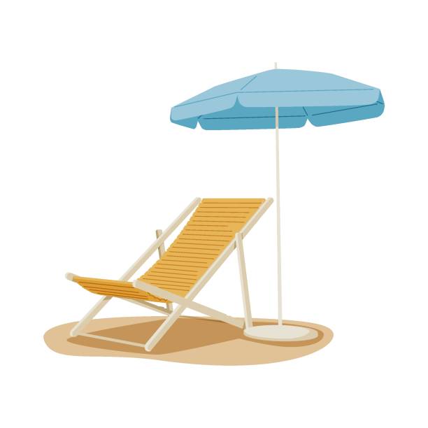 ilustraciones, imágenes clip art, dibujos animados e iconos de stock de vector beach chair, yellow umbrella, vacaciones de verano, concepto time to travel. eps 10 vector. - focus on shadow vacations outdoors digitally generated image