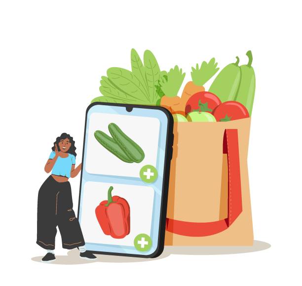 istock Grocery vegetables illustration. Character buying online fresh organic vegetables, putting in shopping basket. 1564239406
