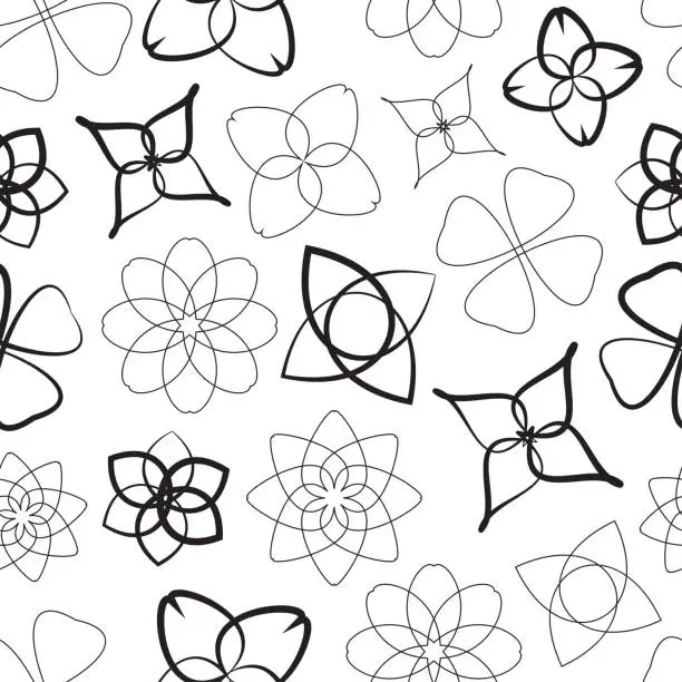 Vector illustration of Seamless pattern with black geometric flowers on a white background. Abstract flowers. Background for wallpaper, wrapper, packaging, package, napkin, tablecloth.