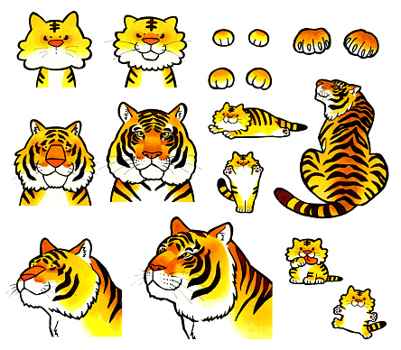 Comical tiger set. Hand-drawn illustrations. Recommended for New Year's cards for the Year of the Tiger.